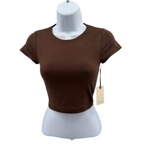 Sincerely Jules Crop Top Womens XXS Brown Short Sleeve Crew Neck Stretch Fitted